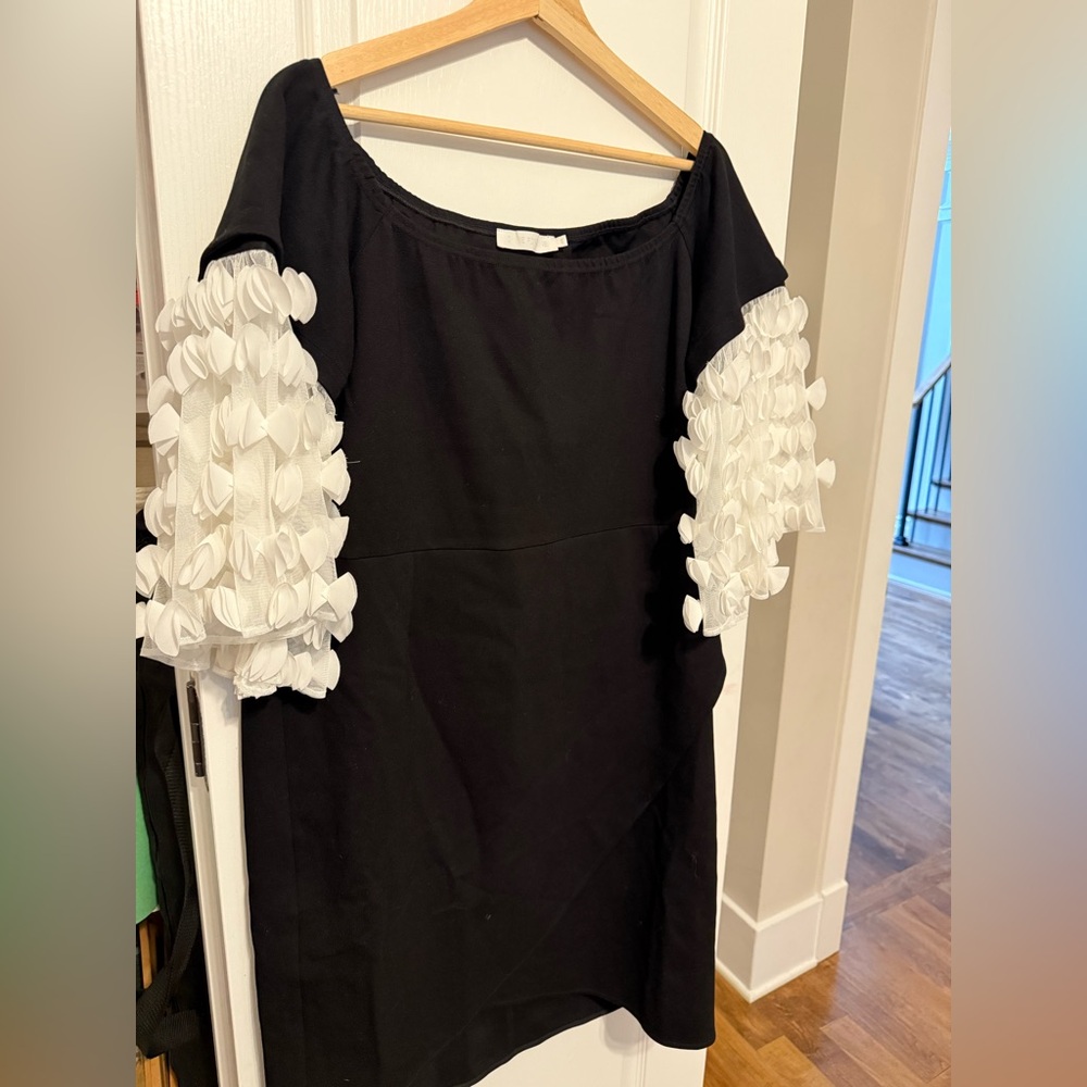 Black Anne Fontaine Dress with White Petal Sleeve Accents